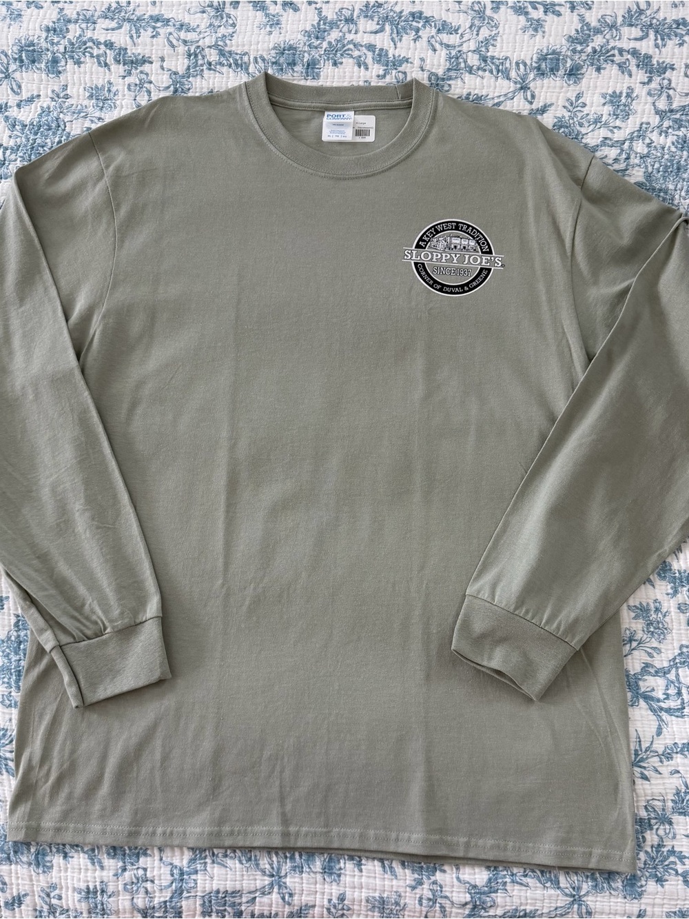 Port and Company Sage Green Long Sleeve Tee with Sloppy Joe's Chest Logo